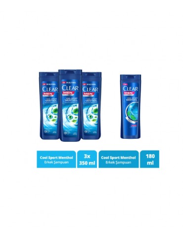 Clear Men Kepeğe Karşı Şampuan Cool Sport Menthol Ferahlatıcı Mentol Etkisi 350 ml x3 + 180 ml 