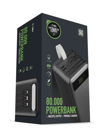 Powerway 80.000 Mah Kablolu Dijital Göstergeli Gerçek 80.000 Mah Garantili Işıklı Kamp Tx80 Siyah Powerbank 
