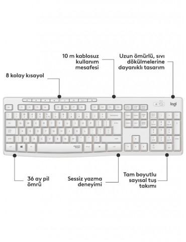 LOGITECH 920-010089 MK295 Kablosuz Q TR Beyaz Klavye Mouse Set