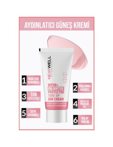 Newwell Ton Eşitleyici yüksek Koruma Etkili SPF50+ Aydınlatıcı Pembe Yüz Güneş Kremi 50 ml